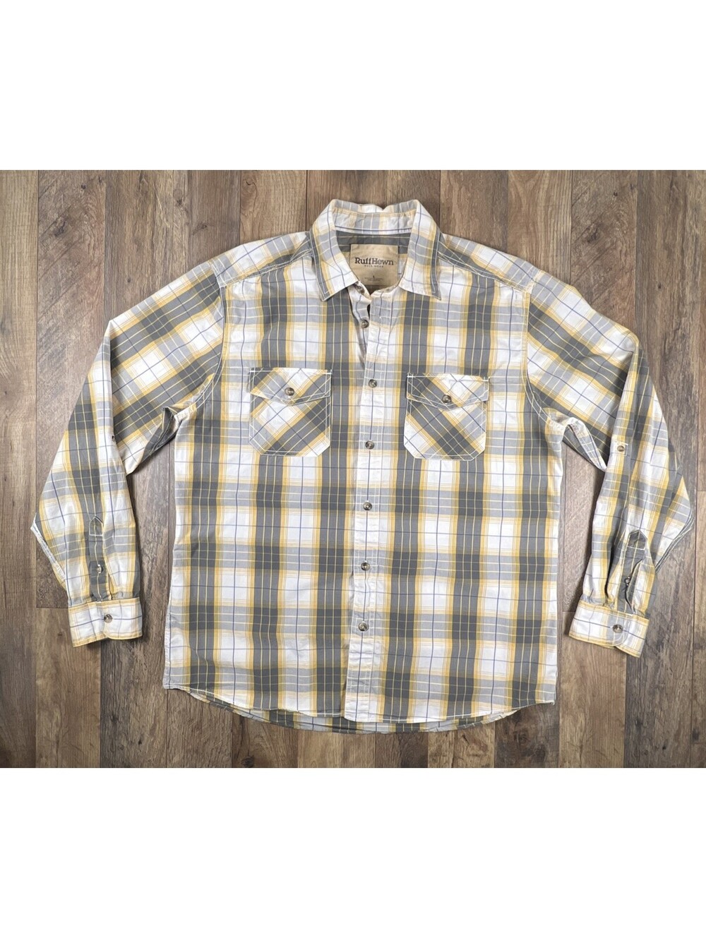 Ruff Hewn Well Worn Men’s Long Tab Roll Sleeve Button Down Yellow Plaid Large